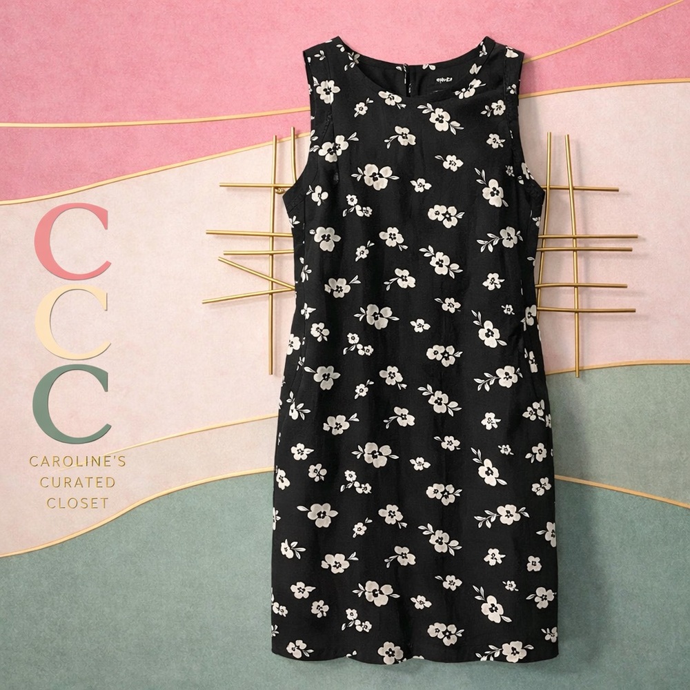 RW&CO Linen Blend Floral Dress Black White Lined Pockets Size M